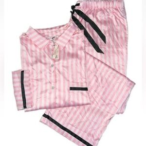 Pink stripe button down silky pajama long sleeve set Victoria’s Secret